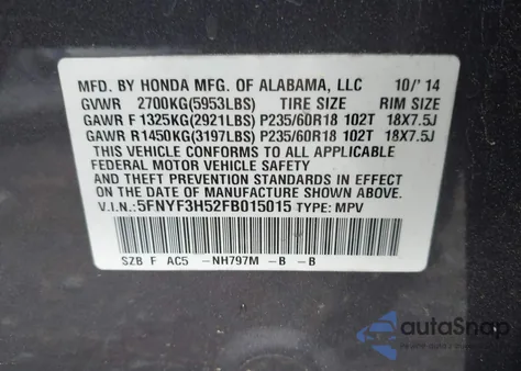 2015 Honda Pilot Ex-L from USA, damaged, VIN 5FNYF3H52FB015015
